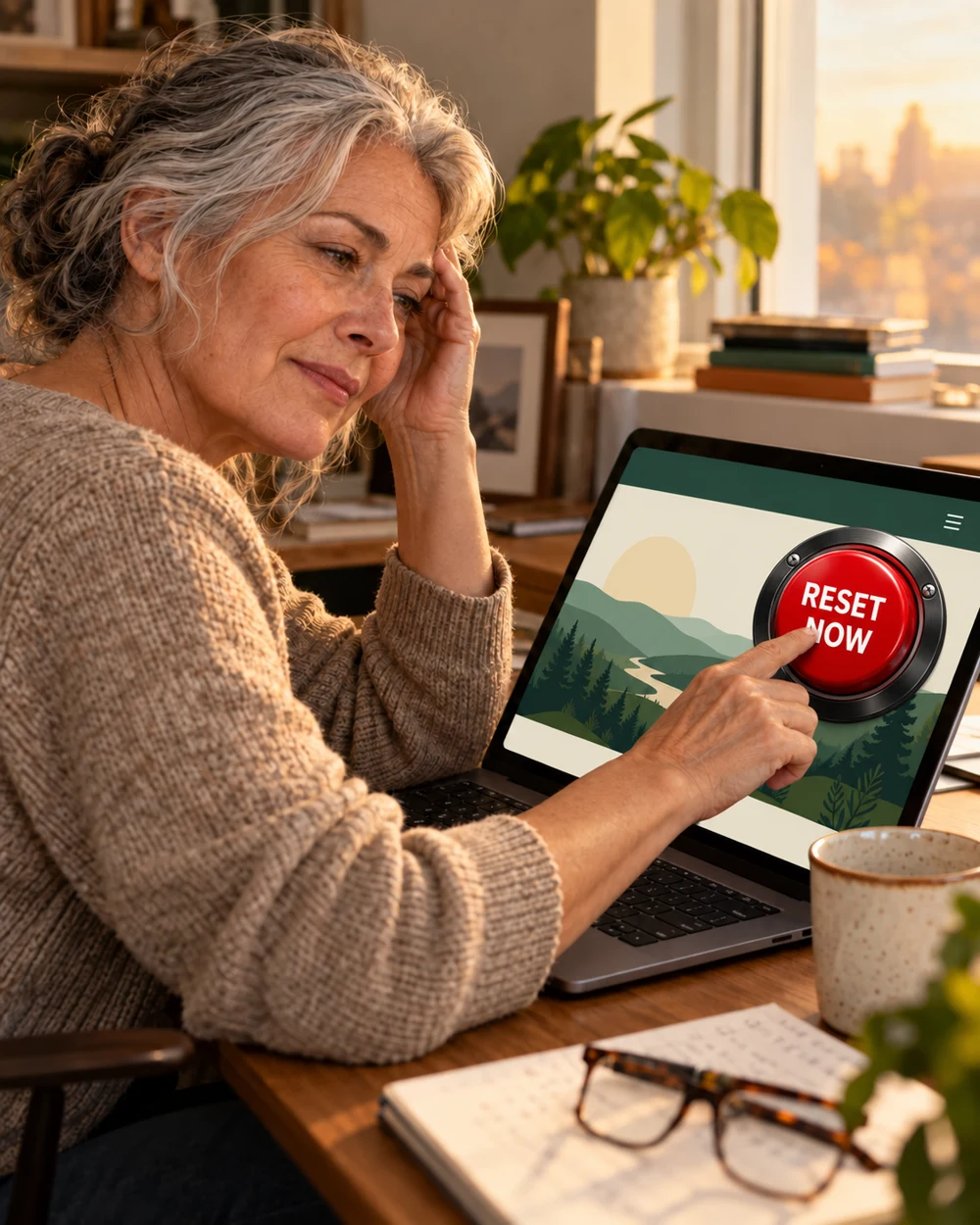 Brain Fog Protocol artwork showing a woman using the red Reset Now button