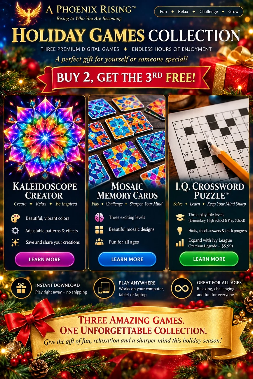 Holiday Games Collection cover showing Kaleidoscope, Mosaic Memory Cards and Crossword