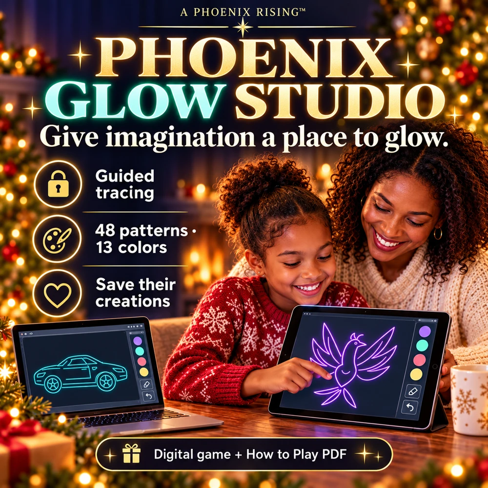 Mother and child creating glowing phoenix artwork in Phoenix Glow Studio