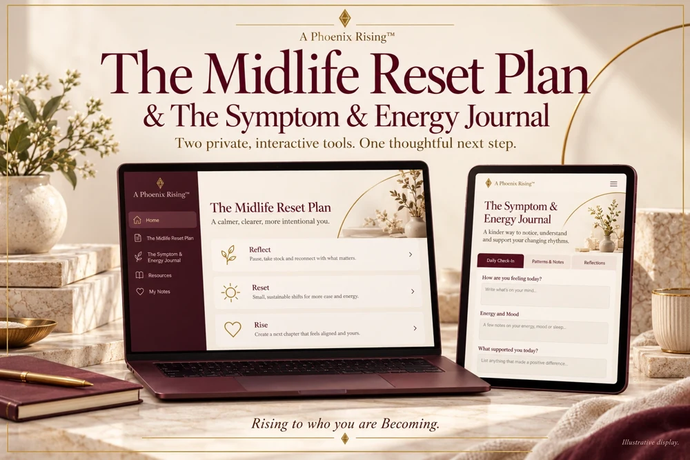 Midlife Reset Plan and Symptom and Energy Journal shown on two tablets